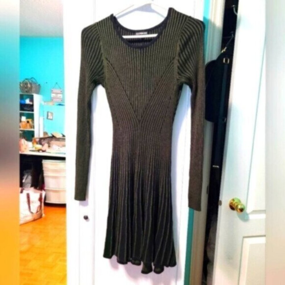 Express Black Olive Green Striped Long Sleeve Fall Winter Knit Sweater Dress XS